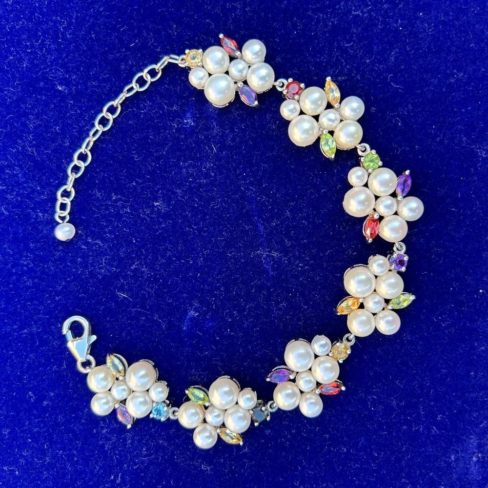 Ross-Simons Sterling Silver 925 Pearl & Multi-Gemstone Chain Bracelet